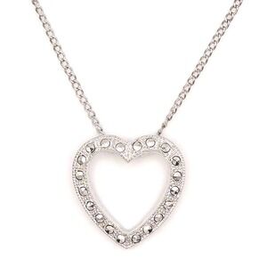 Vintage Sterling Silver Marcasite Open Heart Pendant Necklace 90s Signed HEDA 4g